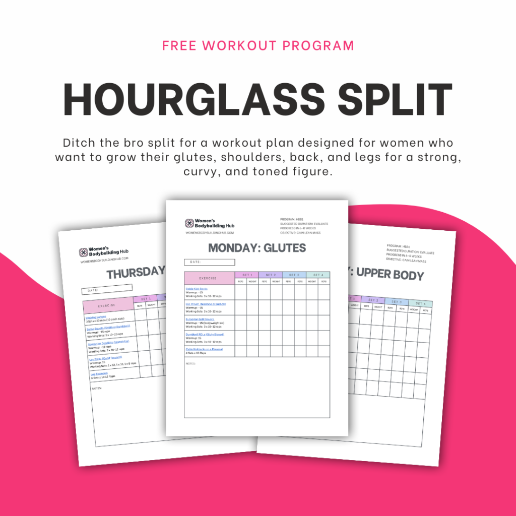 Image depicting three pages of a PDF workout plan, above the plan text says " Free workout program: Hourglass split" and in smaller text says: "Ditch the bro split for a workout plan designed for women who want to grow their glutes, shoulders, back, and legs for a strong, curvy, and toned figure."